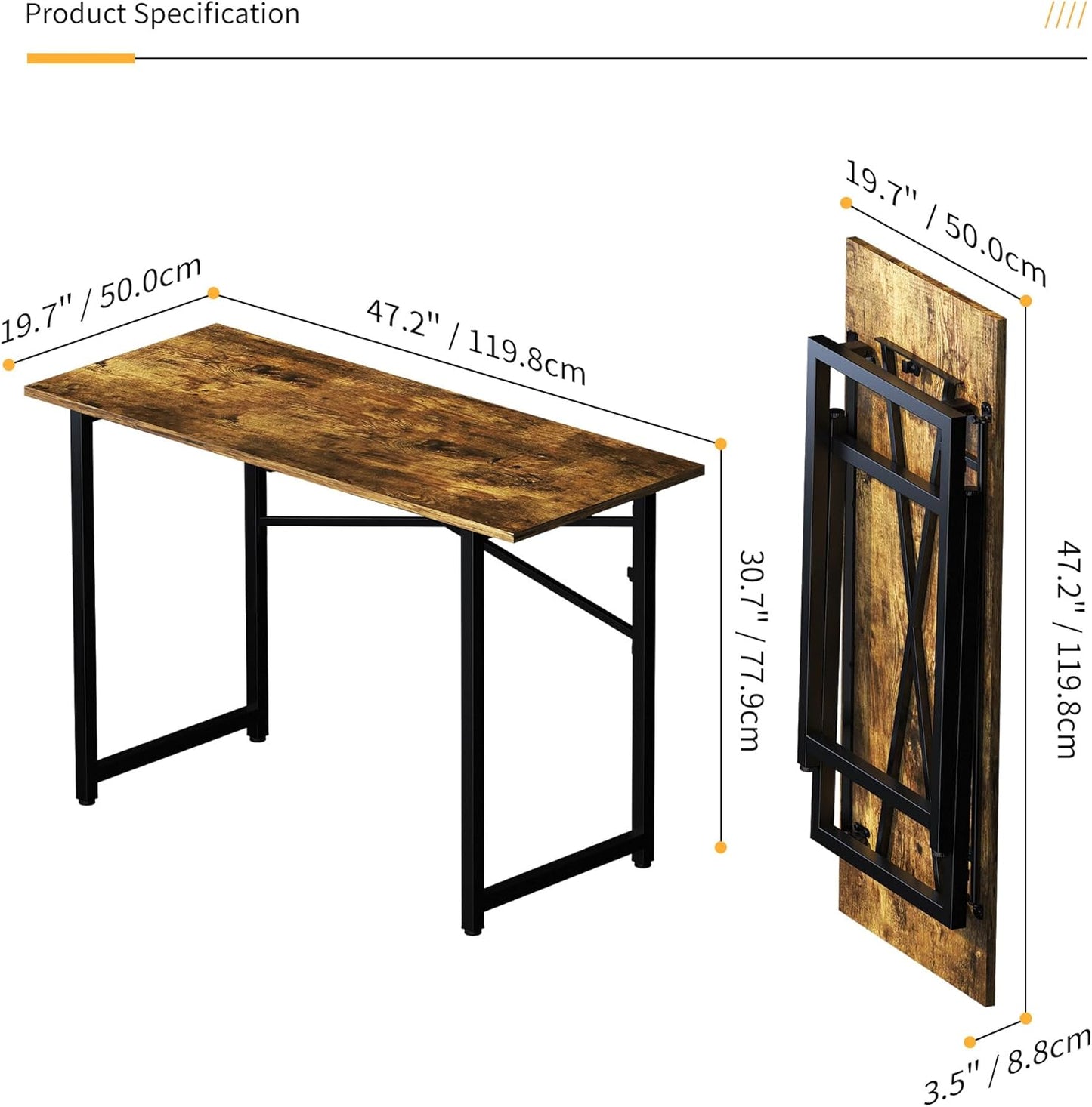47 inch Folding Computer Desk, Writing Gaming Computer Camping Table, No Assembly Required Home Office Desk, Rustic Brown