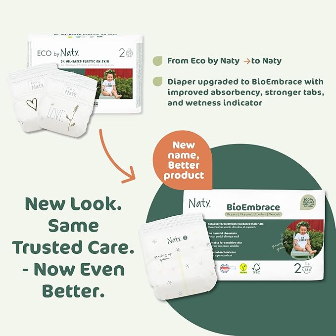 Naty BioEmbrace Baby Newborn Diapers Size 2 (6–13 lbs) | 100% Biobased on Skin | Plant-Based Softness | Dermatologically Tested, Super Absorbent | 33 Count