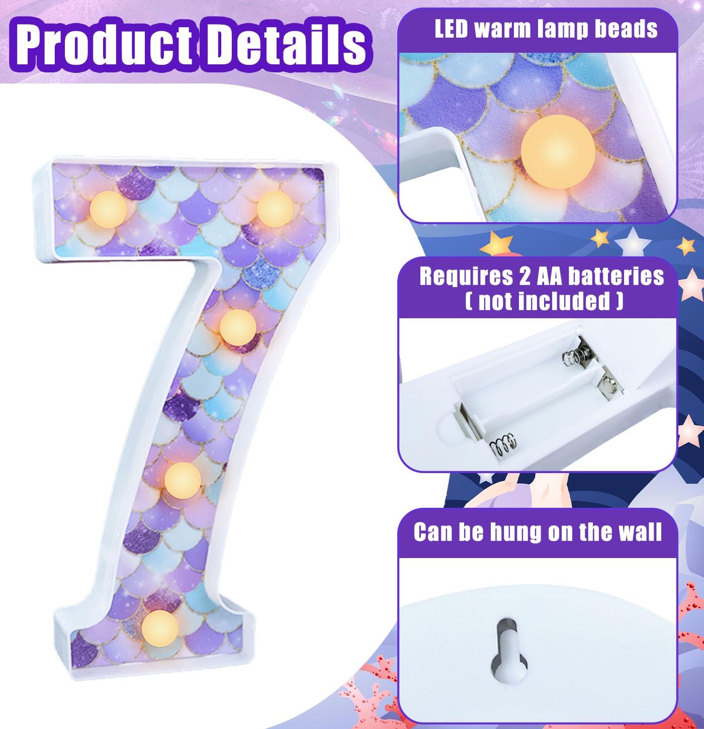 Munilail Mermaid Number 7 Light Up Sign - Led Digital Table Centerpiece For Birthday Party Decorations