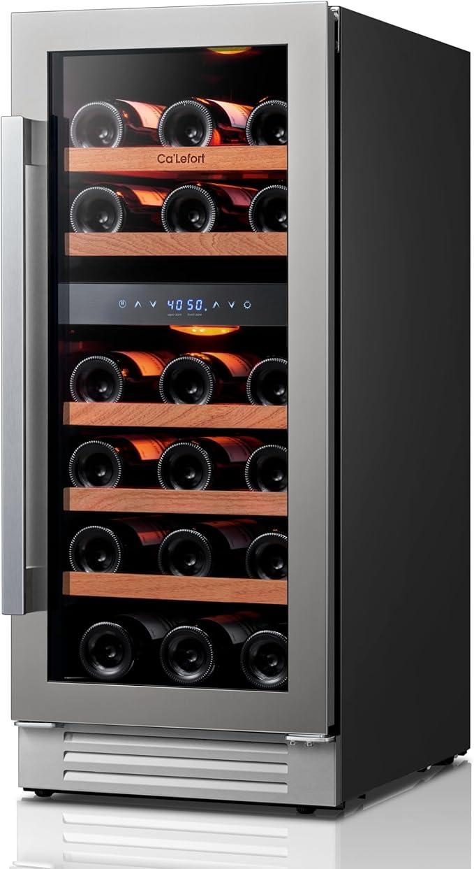 Ca'Lefort 15 Inch Wine Fridge Cooler - 28 Bottles Dual Zone Cooler with Glass Door, 3 LED Built-in Compressor Fridge with Adjustable Shelves for Home Office Bar (3.0 cu.ft)