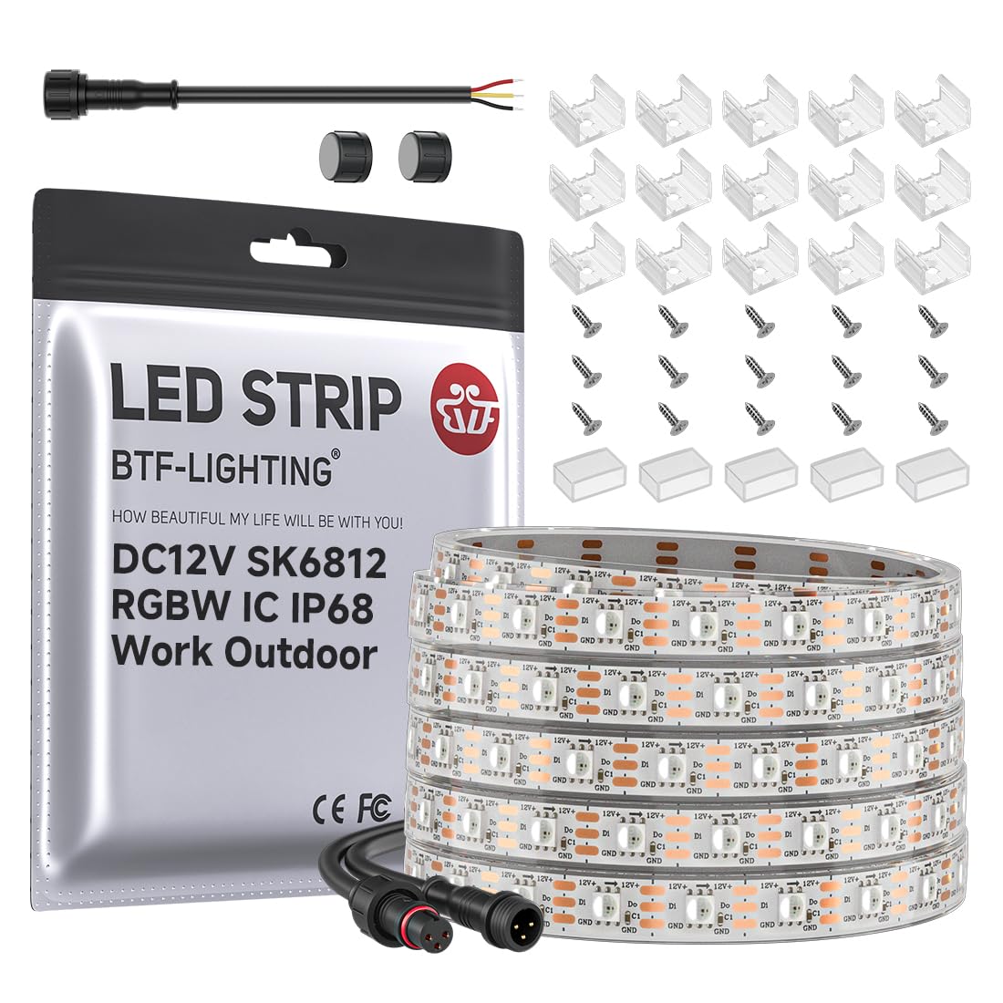 Btf-Lighting Sk6812(Similar Ws2812B) Rgbw Rgb+Natural White(4000K) Individually Addressable Dc12V 16.4Ft 60Led/M 4 Color In 1 Light Dream Color Led Strip Ip68 White Pcb(No Adapter Or Controller)