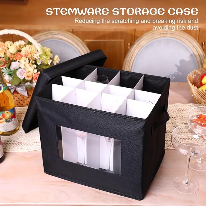 Uiifan 4 Pcs Champagne Flute Storage Box with Dividers 12 Compartment Stemware Storage Cases China Container Box with Lid, Handles, PVC Window for Moving, Black