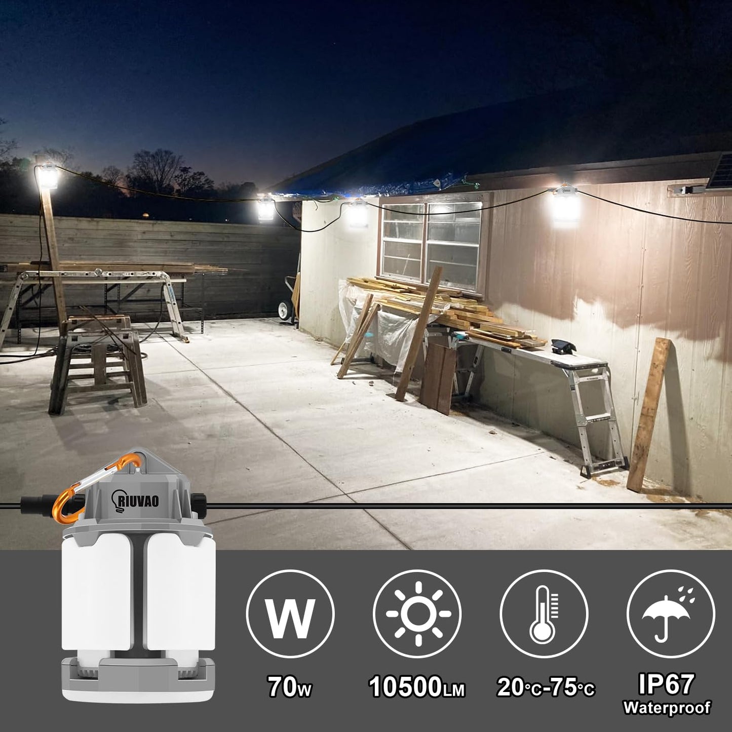 70W Led Temporary Work Light 10500Lm 5000K Super Bright Construction Lights 4 Adjustable Light Panels Led Work Light Ip67 Dust Waterproof With Hook Portable Linkable For Job Site Garage Lighting