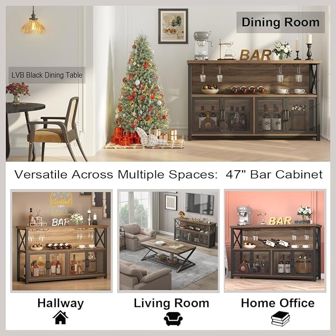 LVB Wine Bar Cabinet, Industrial Sideboard Buffet/Coffee Bar Cabinet for Liquor and Glasses, Farmhouse Metal Wood Rack Cabinet for Home Living Dining Room Kitchen, Rustic Oak, 47 Inch
