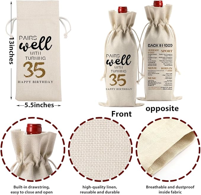 35th Birthday Gifts Women Men, Gifts for 35 Year Old Men Mom Dad Friends Wine Gift Bag, Wine Accessories Gifts Anniversary 35th Birthday Decorations Wine Bag Wine Bags for Wine Bottles Gifts