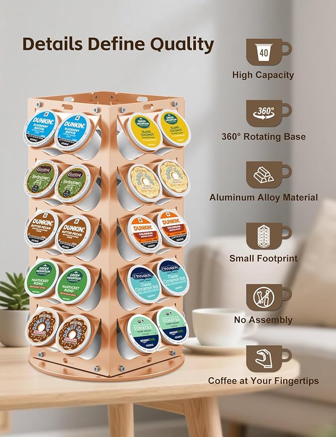 K Cup Holder, Coffee Pod Holder for Keurig – 360° Rotating Aluminum Coffee Organizer for Countertop,Saving Design with Anti-Slip Base for Kitchen or Office,Capacity of 40 Pods (Gold)