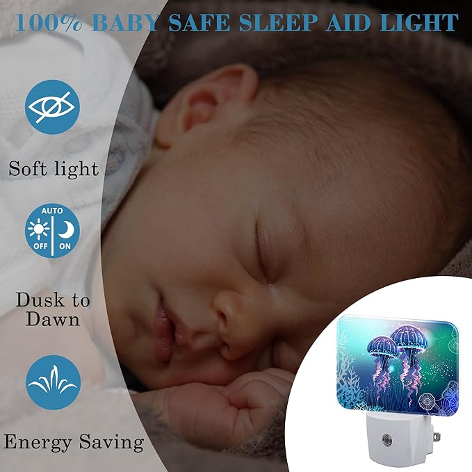 Glowing Jellyfish in Deep Sea Night Light for Kids Girls Boys, Jellyfish LED Night Light Plug into Wall with Dusk to Dawn Sensor for Room, Hallway, Kitchen, Bathroom, Stairs Decor