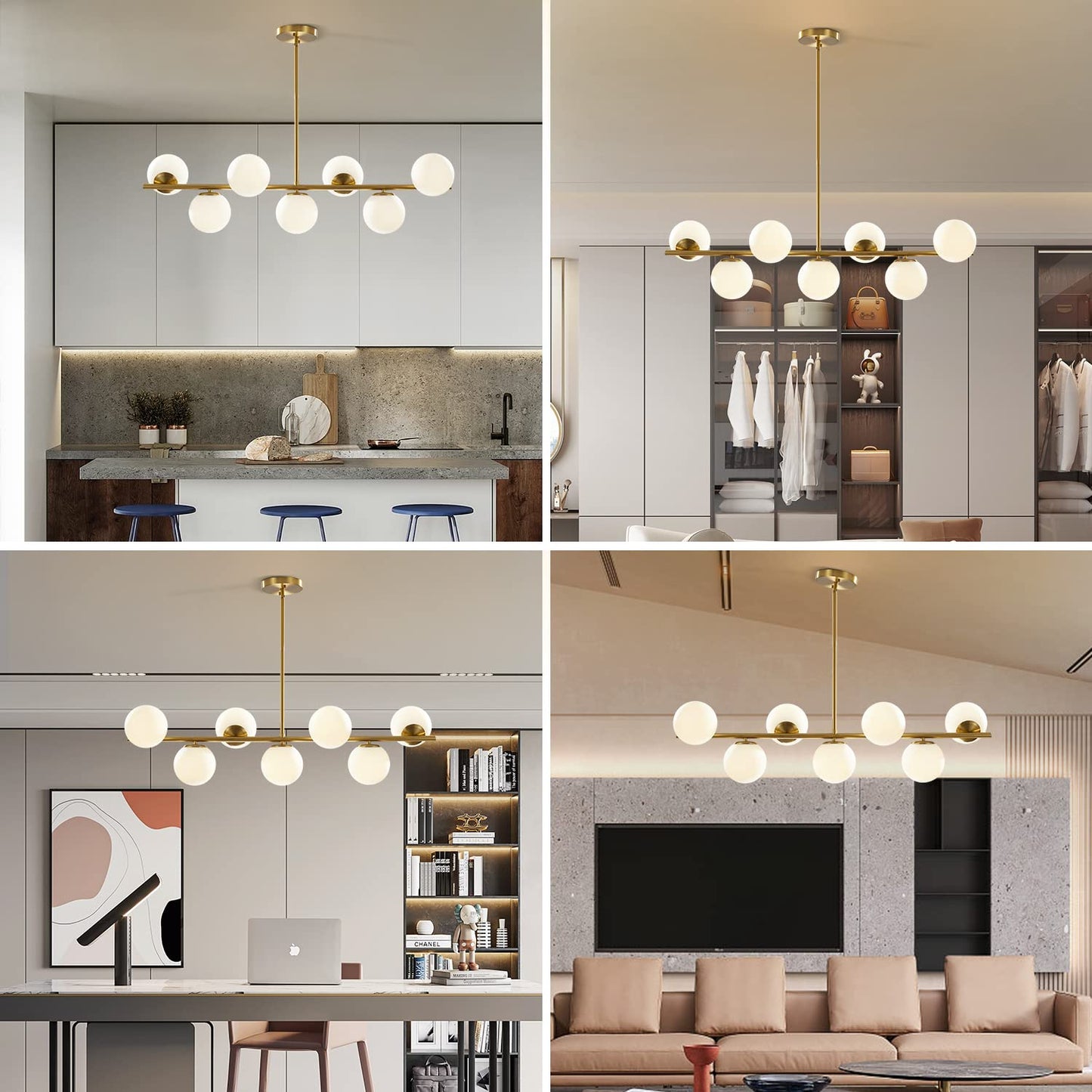 KCO Lighting Modern Brass Chandelier Pendant Light 7-Lights Glass Fixture Mid Century Gold and White L1043
