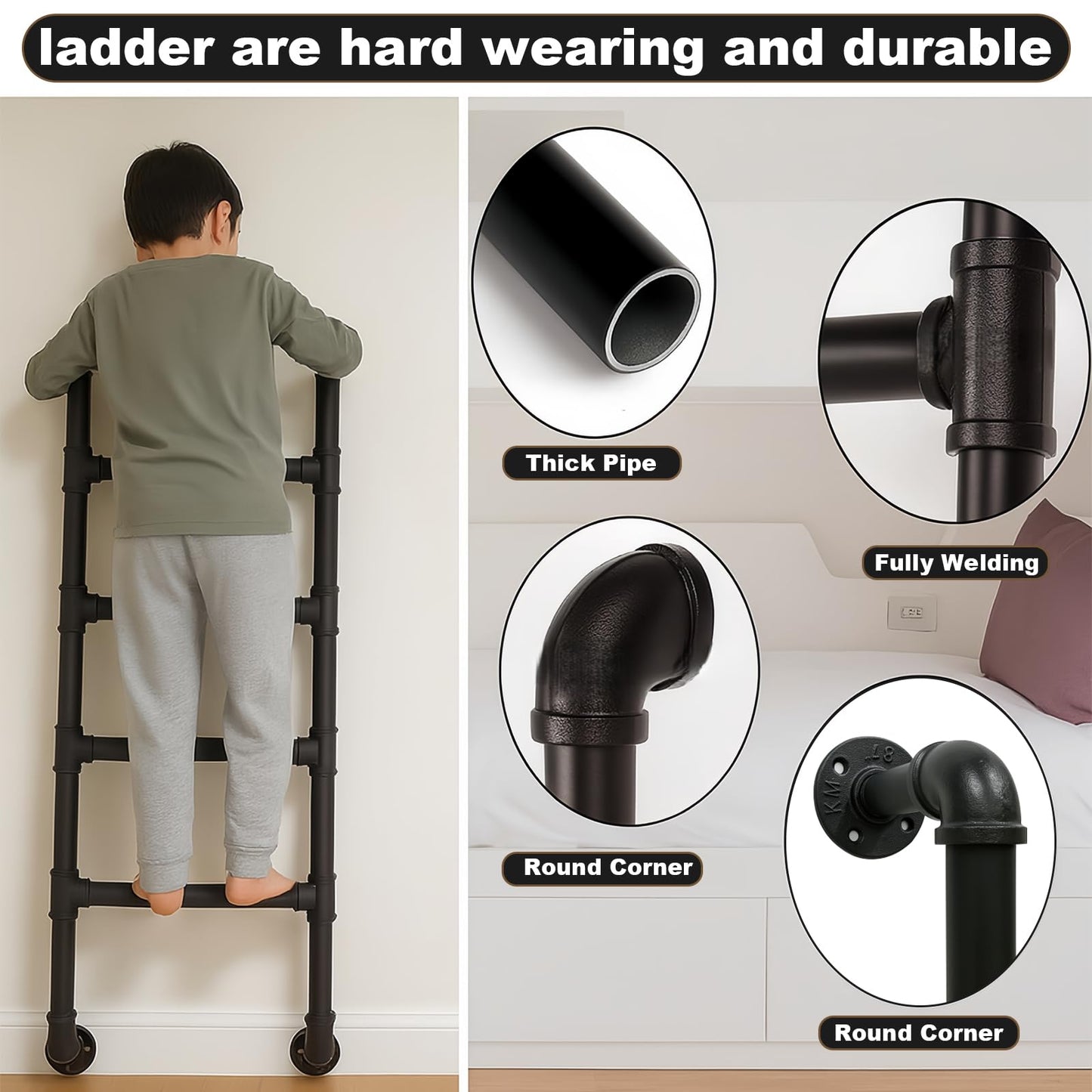 3/4/5/6/7/8FT Black Wall Mounted Steel Ladder, 5-Step Egress Ladder for Window Well, Loft, Bunk Bed, Camper, RV | Floor/Wall Mounted Indoor Safety Climb for Bedroom, Basement, Gym, Dorm & Small Spaces