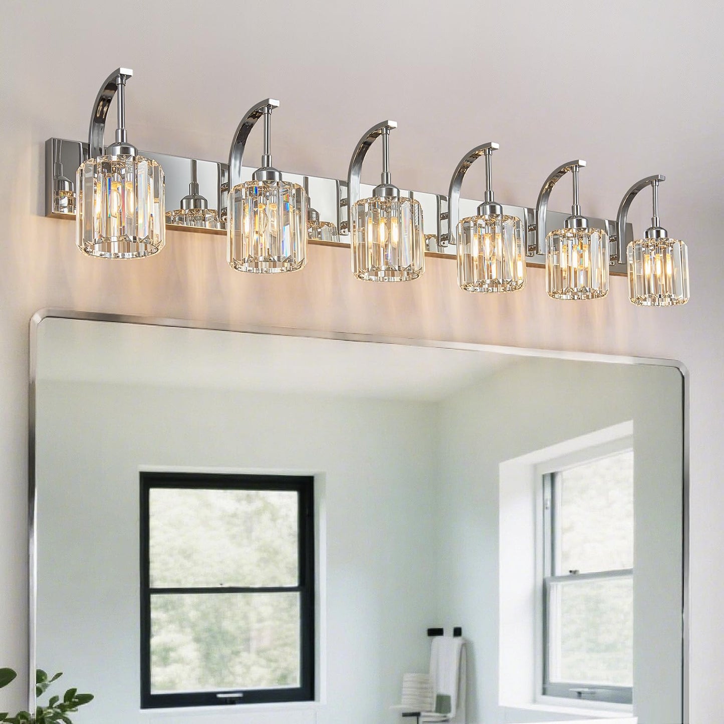Fdpby 6-Light Crystal Vanity Light  Chrome Modern Wall Sconce With K9 Crystal Shades  51.18 Long Over Mirror Lighting For Bathroom  Makeup  Hallway  Elegant & Easy Install