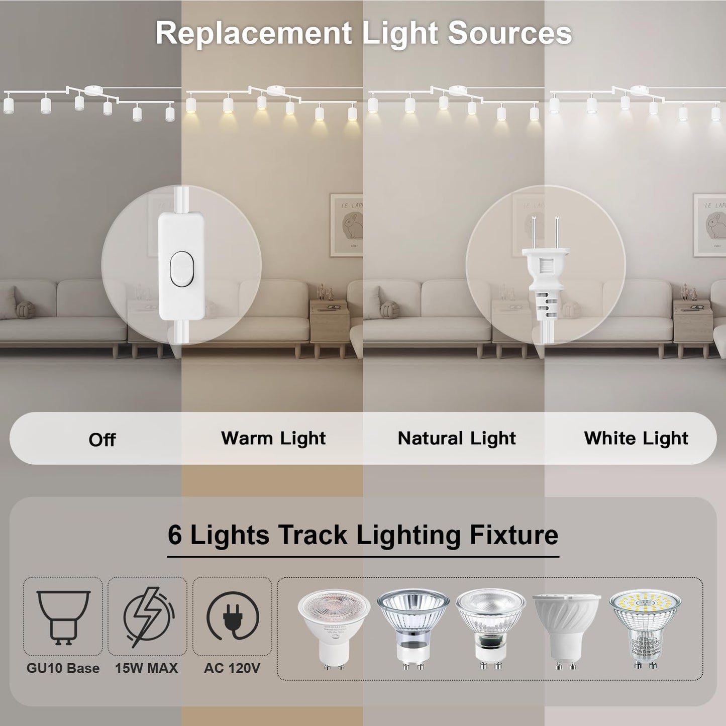 Plug In Track Lighting Led  Track Lighting Fixtures Ceiling  White 6-Light Kitchen Light Kit  Plug In Wall Light With 14.8Ft Power Cord  Rotatable Ceiling Spotlight For Bedroom(Gu10 Socket  No Bulb)