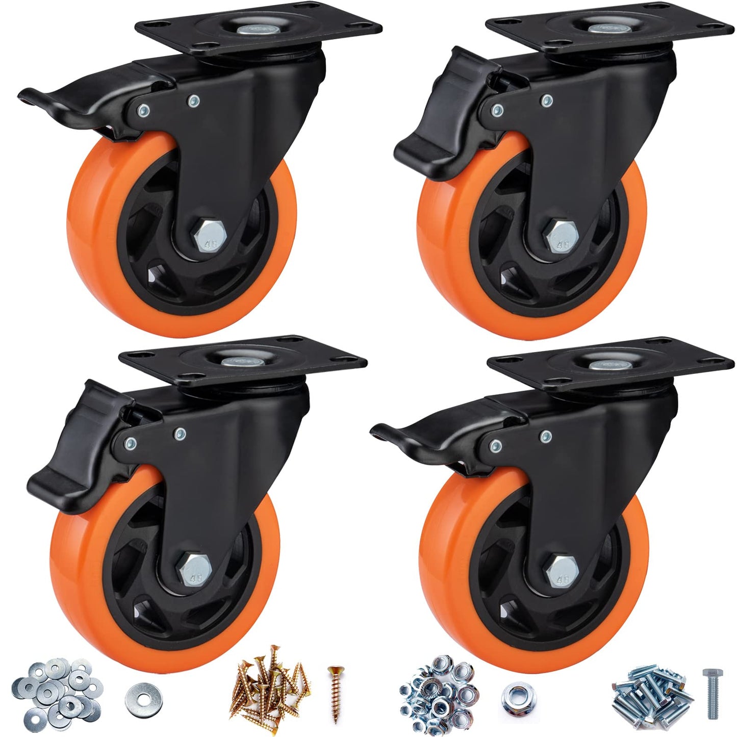 ASRINIEY 4" Caster Wheels, Casters Set of 4 Heavy Duty - Orange Polyurethane Castors, Top Plate Swivel Wheels, 4-Pack Industrial Casters with Brake, Locking Caster for Furniture and Workbench