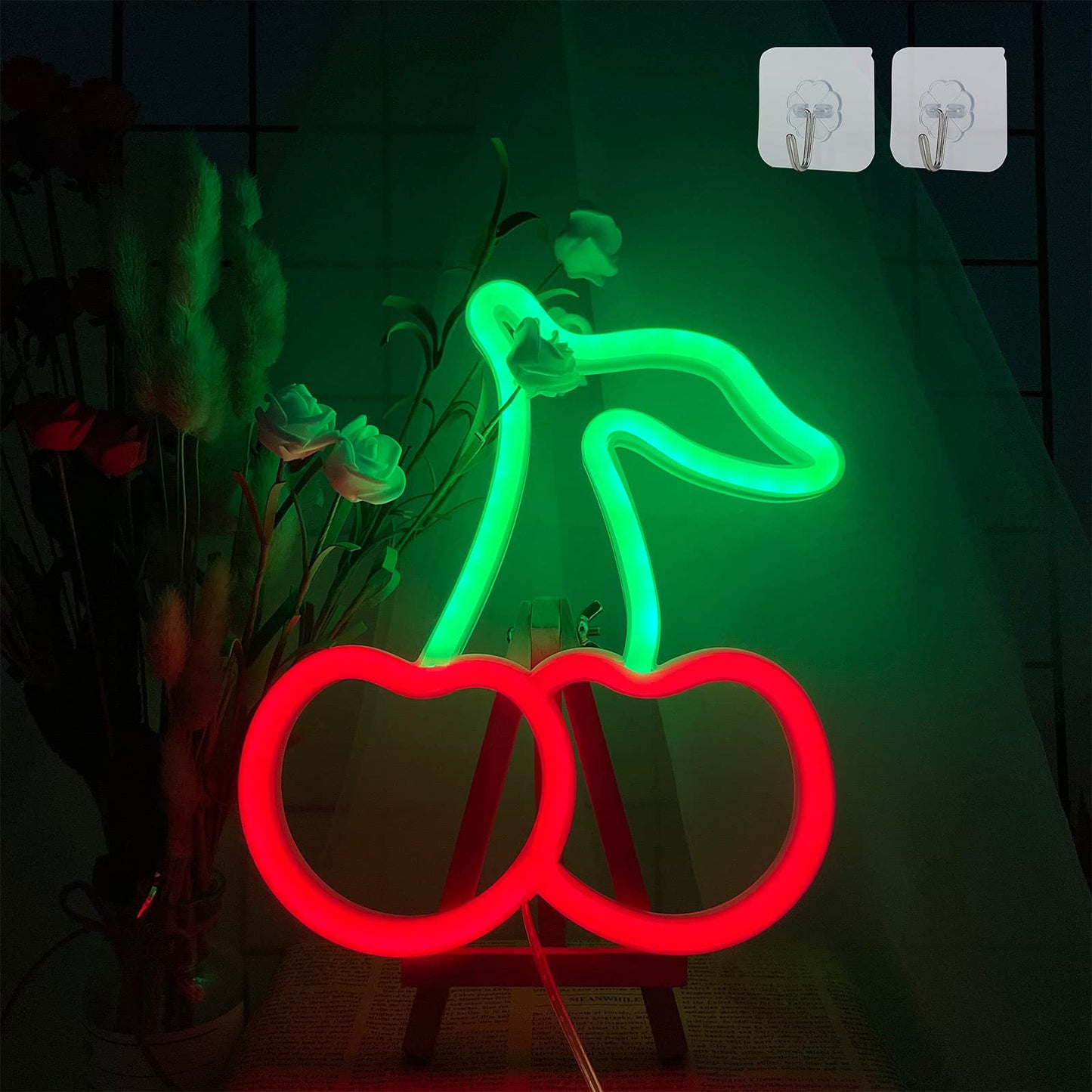 ENUOLI Cherry Neon Light Sign - LED Wall Decor for Bedroom, Kids Room, Christmas, Birthday - 19cm x 22.5cm - Cherry Hanging1