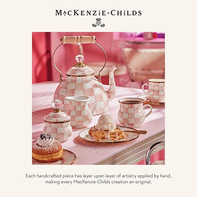 MACKENZIE-CHILDS Cookie Jar with Enamel Lid, Large Glass Treat Jar or Kitchen Jar, 1-Gallon Capacity, Pink-and-White Rosy Check