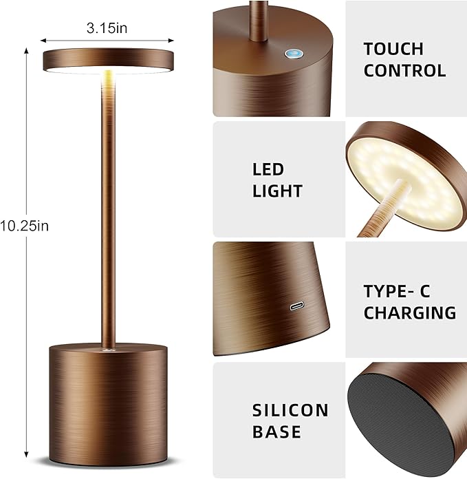 Cordless Table Lamps Rechargeable - Outdoor Waterproof LED Table Light Portable 5000mAh Battery Operated Lamp 3 Color Stepless Dimming with Memory Function for Restaurant Dining Patio (Moka)
