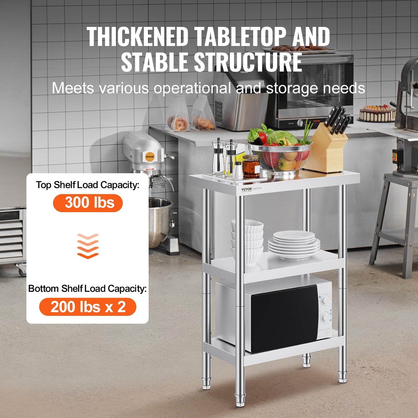 VEVOR Stainless Steel Food Prep Table, 14 x 24 x 34 Inch Commercial Food Prep Worktable Heavy Duty Prep Worktable, Metal Work Table with Adjustable Height for BBQ, Kitchen, Home, and Garage