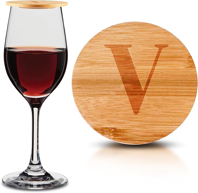 Personalized Wine Glass Charcuterie Topper - Custom Laser Engraved Initial Bamboo Wine Glass Topper Stopper Coasters Plate ID Identification Wine Glass Charcuterie Board Topper (Letter V)