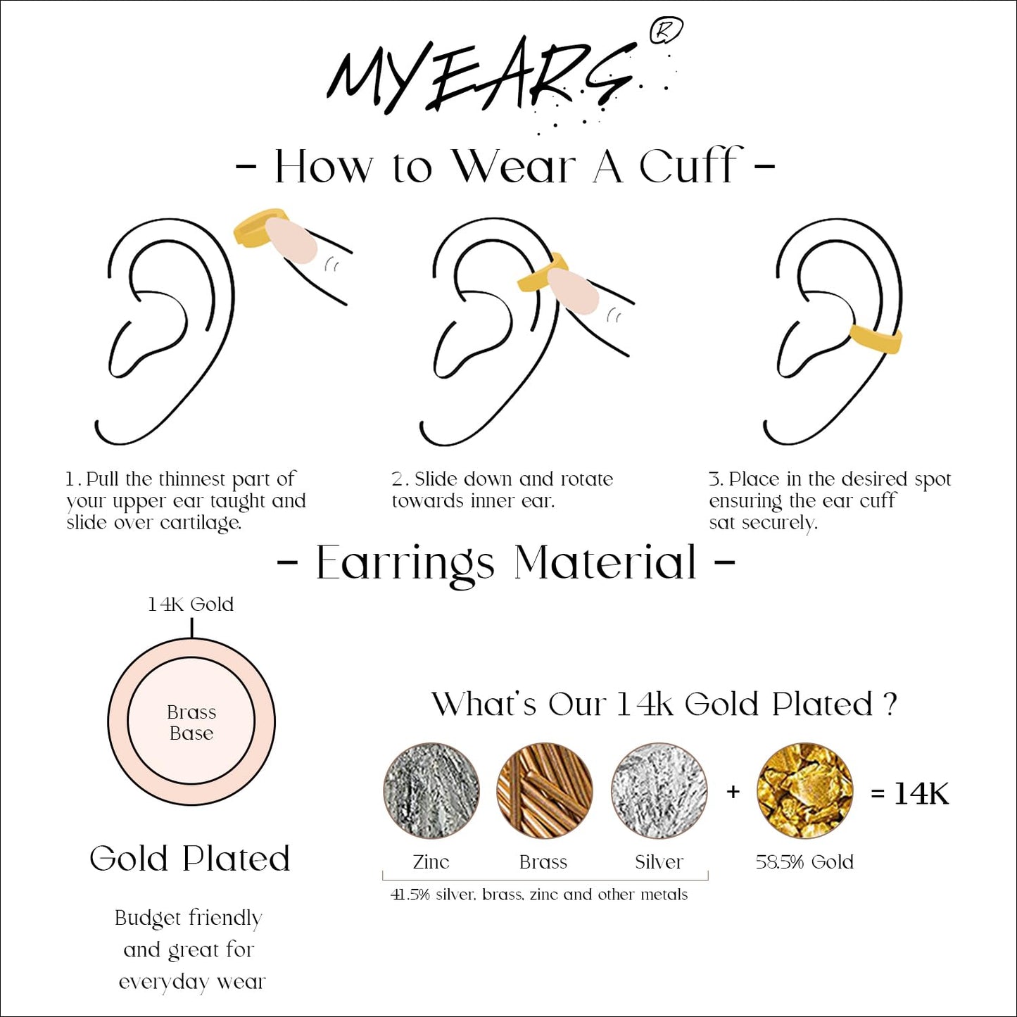 MYEARS Women Ear Cuff Earring Gold Non Pierced Cartilage 3 Split Stripe Band Spike Clip on Wrap Hoop Diamond CZ 14K Gold Filled