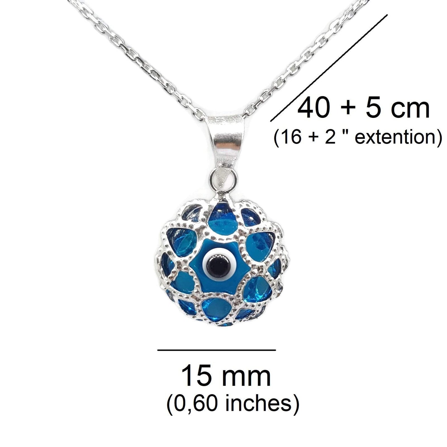 MYSTIC JEWELS by Dalia - 925 Sterling Silver Turkish Glass Evil Eye Filigree Pendant with Adjustable Silver Chain