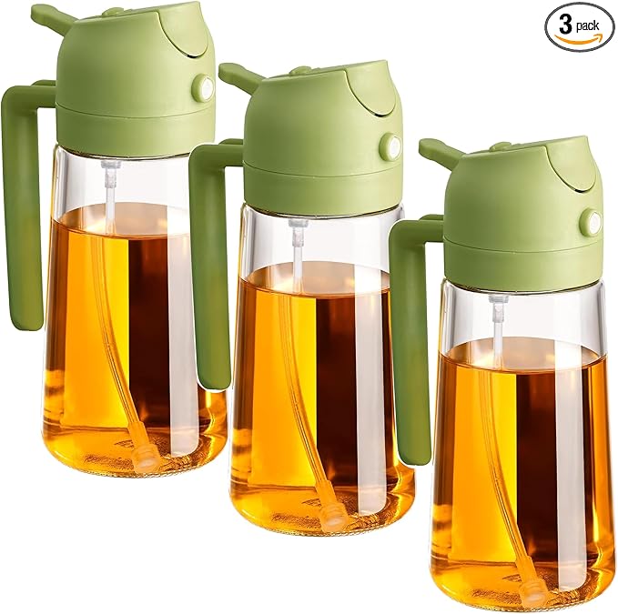 3 Pack 16oz/470 ml Olive Oil Dispenser Bottle 2 in 1 Clear Glass Oil Sprayer and Container Refillable Vinegar Dispenser with Automatic Cap Portable Spray Bottle for Cooking Baking Green