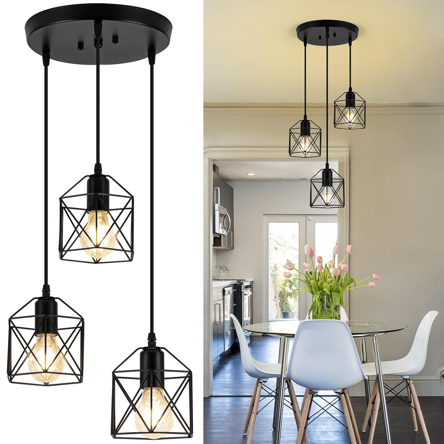 Rocunsi 3-Light Pendant Light Fixtures  Farmhouse Hanging Pendant Lighting  Dining Room Chandelier  Industrial Kitchen Island Hanging Light Fixture  Black Metal Cage Pendant Ceiling Lamp For Kitchen