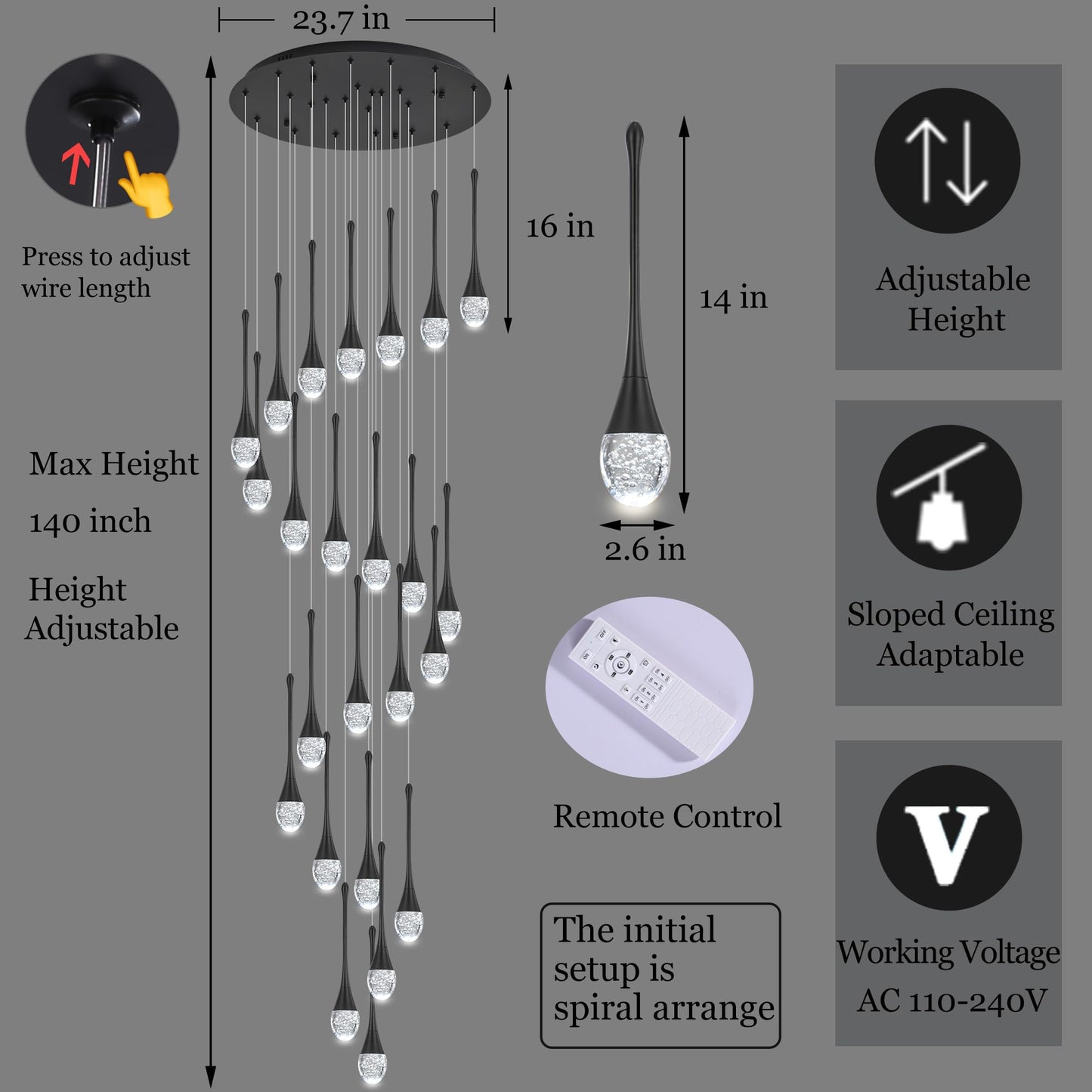Upfelw Modern Crystal Staircase Chandelier Polished Black 24-Lights  H138 Large High Ceiling Spiral Dimmable Led Raindrop Foyer Entryway Light Fixture Remote Control