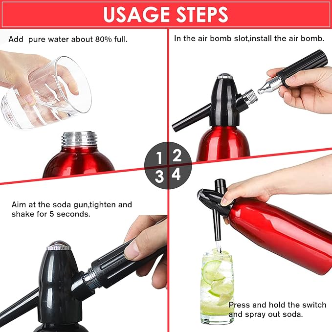 1L Portable Soda Siphon – Aluminum Home Soda Maker, Red Vintage Seltzer Bottle for DIY Carbonated Drinks, Sparkling Water Maker for Healthy Cocktails, Use 8 gram CO2 Cartridges (Not Included)