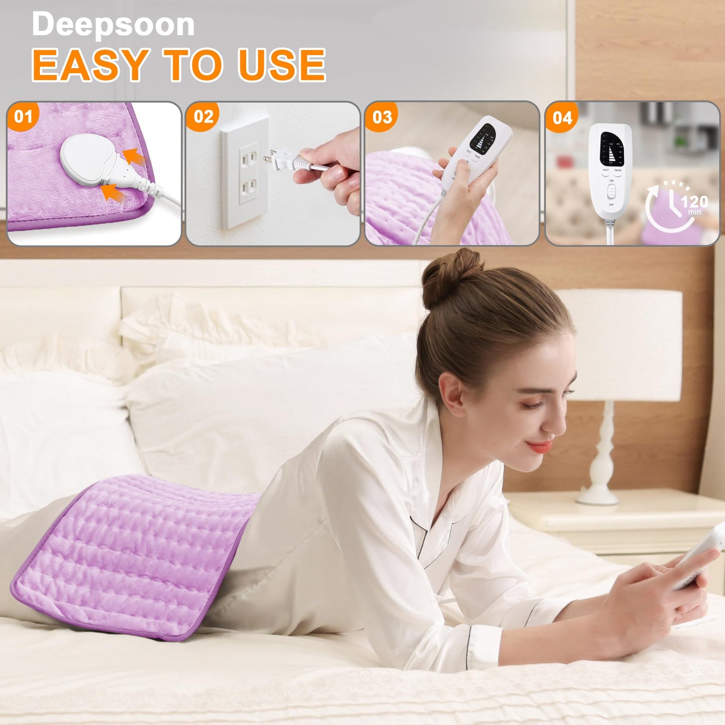 Deepsoon Heating Pad,Electric Heating Pads for Back,Neck,Abdomen,Moist Heating Pad for Shoulder,Knee,Arms,Legs,Dry/Moist Heat & Auto Shut Off,Christmas Gifts for Men and Women,Light Purple,24x12 Inch