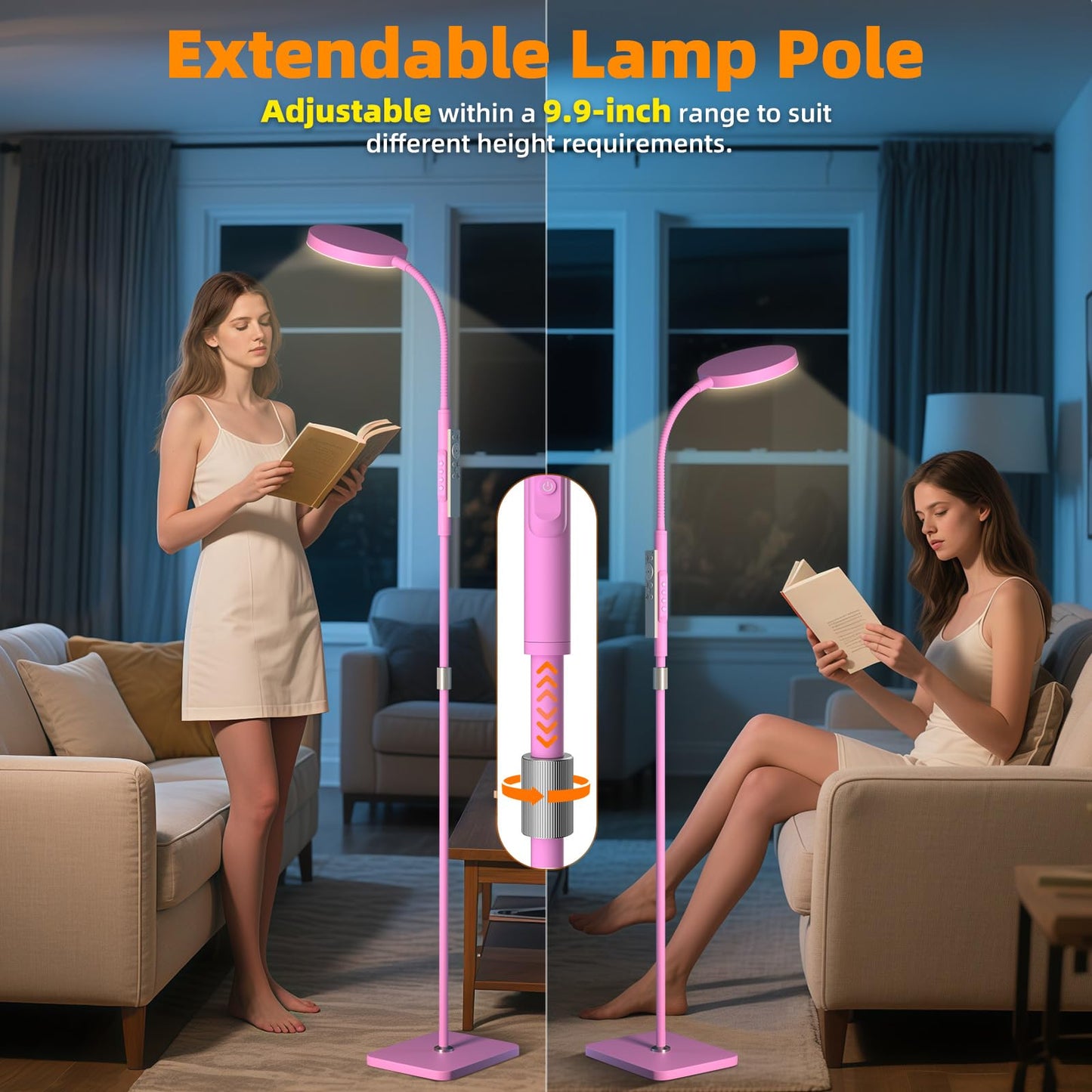 PACOVY Adjustable Height Floor Lamp, 120 LED, Dimmable, Copper, 1 Pack, Pink, Model ADJ-01