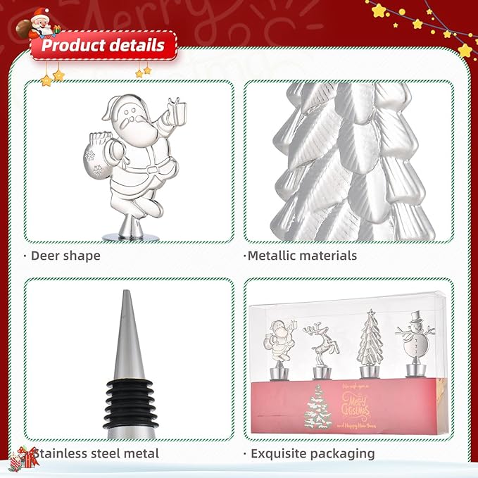 4 Pack Christmas Wine Stoppers, Alloy Wine Bottle Stoppers for Xmas Decoration, Bottle Stopper for Keeping Wine Fresh, Wine Accessories Gift for Hostess - Wine Bottle Corkers