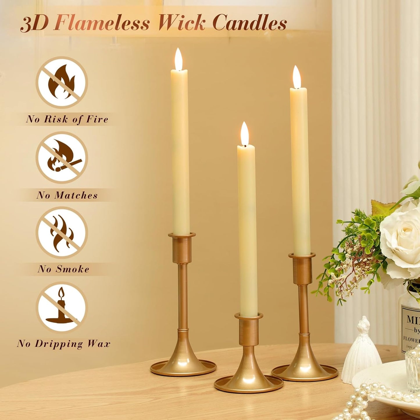 Retisee 6 Pack Taper Candles Holder Set, Candlestick Holders and 10 in Led Taper Candles with Remote Timer Flameless Candles for Holiday Wedding Table Decor(Ivory)
