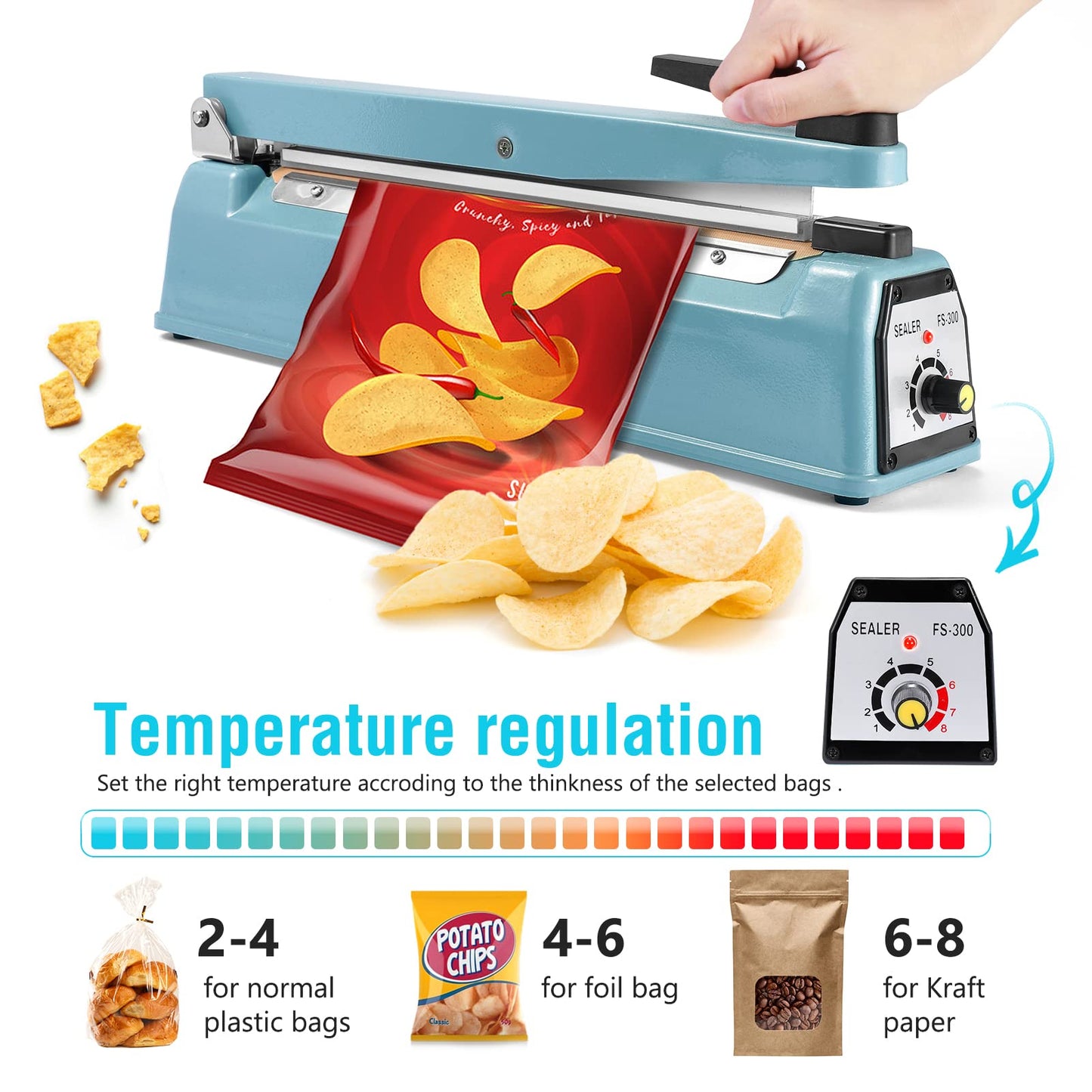 METRONIC Impulse Sealer 12 Inch, Heat Sealer Machine with Repair Kit, Manual Bag Sealer, Heavy Duty Impulse Heat Sealer for Plastic Bags, Shrink Wrap Bag (Blue)