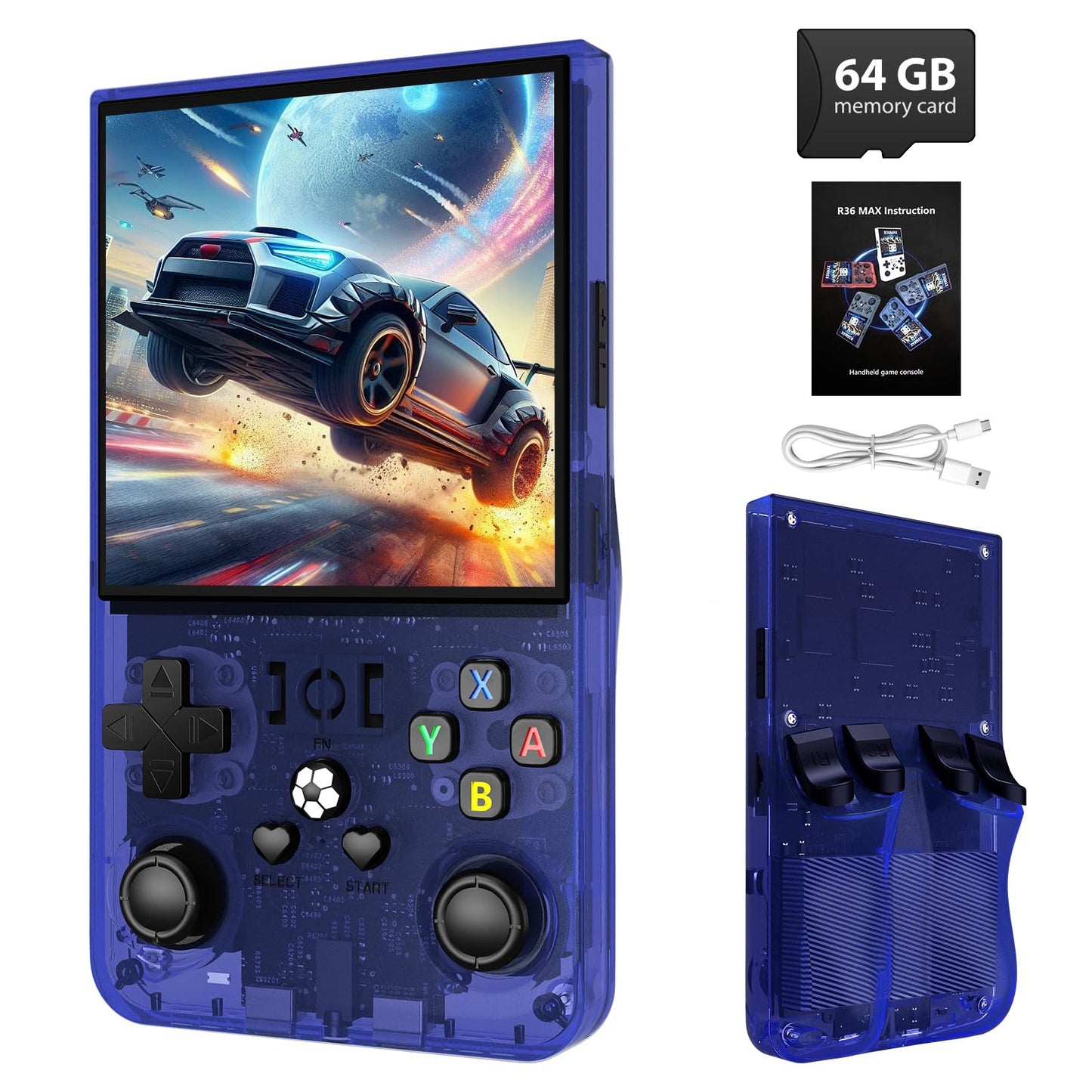 R36MAX Retro Handheld Game Console - 64GB Preloaded Classic Video Games, Support 30+ Simulators, Linux-Powered Portable Game Emulator Console with 4.0-in HD IPS Screen (Transparent Blue)