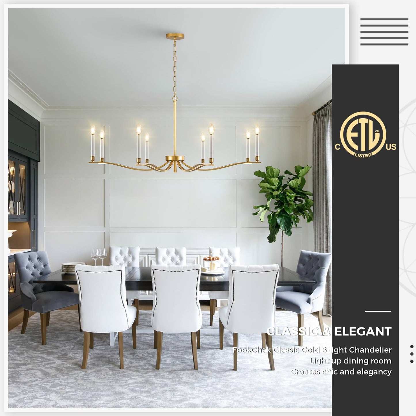 Fookchak Gold Chandeliers For Dining Room  8-Light Brass Chandelier Light Fixture Over Table Modern Candle Chandelier 44In Master Bedroom Chandeliers Lighting For Entry Foyer Bathtub Living Room