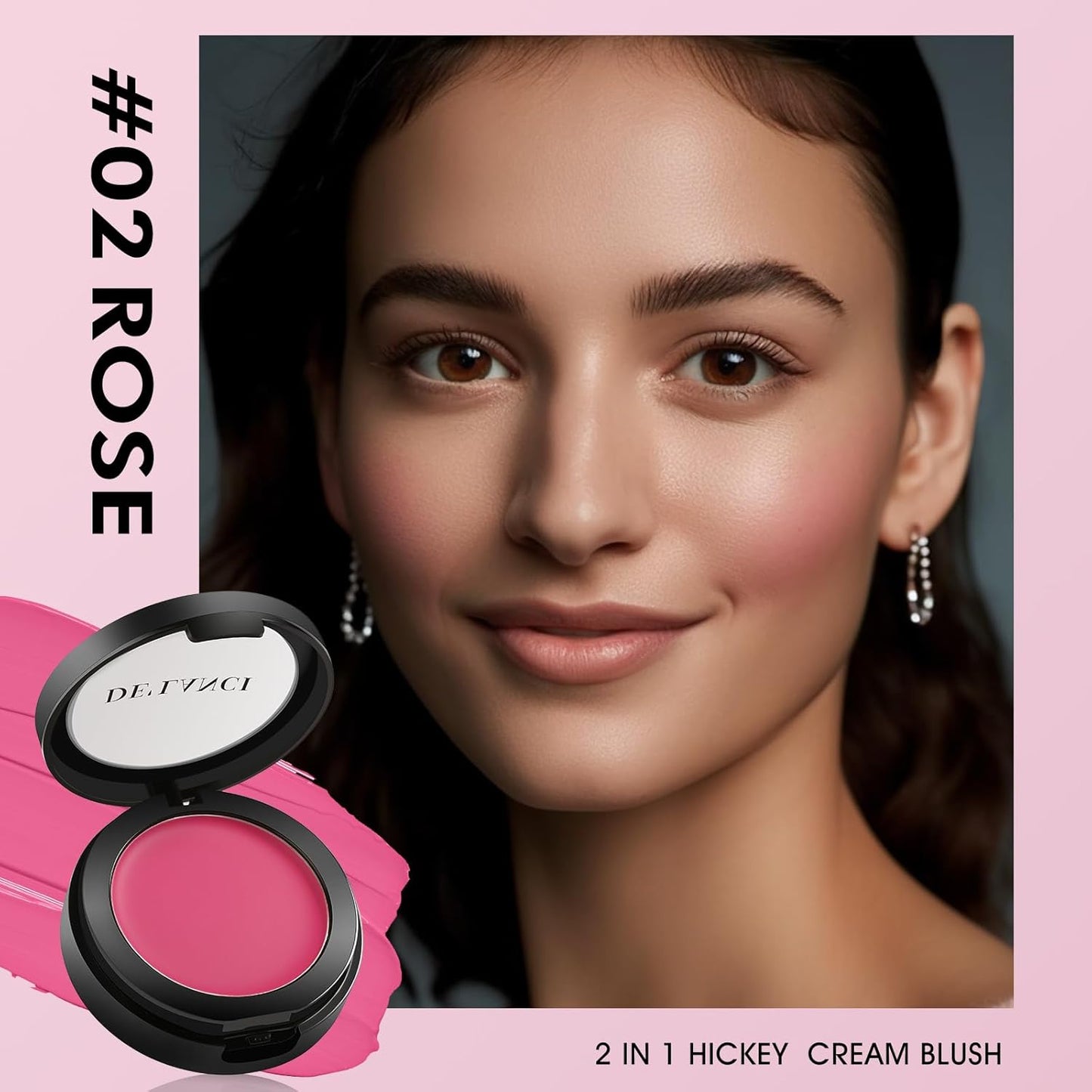 Multi-Purpose Cream Blush for Cheeks & Lip & Eyeshadow, Buildable Lightweight Peach Blush Balm, Ultra Hydrating Cruelty-Free Makeup Blush for Dry/Sensitive Skin, Waterproof Blush, Built-in Brush, Rose