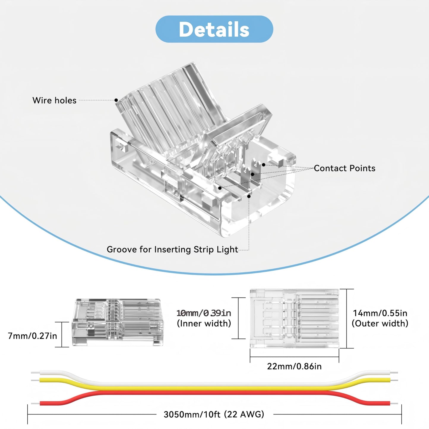 PAUTIX 10mm Connectors for 3-Pin CCT COB LED Strip Lights,20pcs Strip to Wire Connectors,10ft(305cm) Long 22AWG Extension 3 Wires for Non-Wired Gapless Solderless,5V 12V 24V LED Strip Lights Jumper