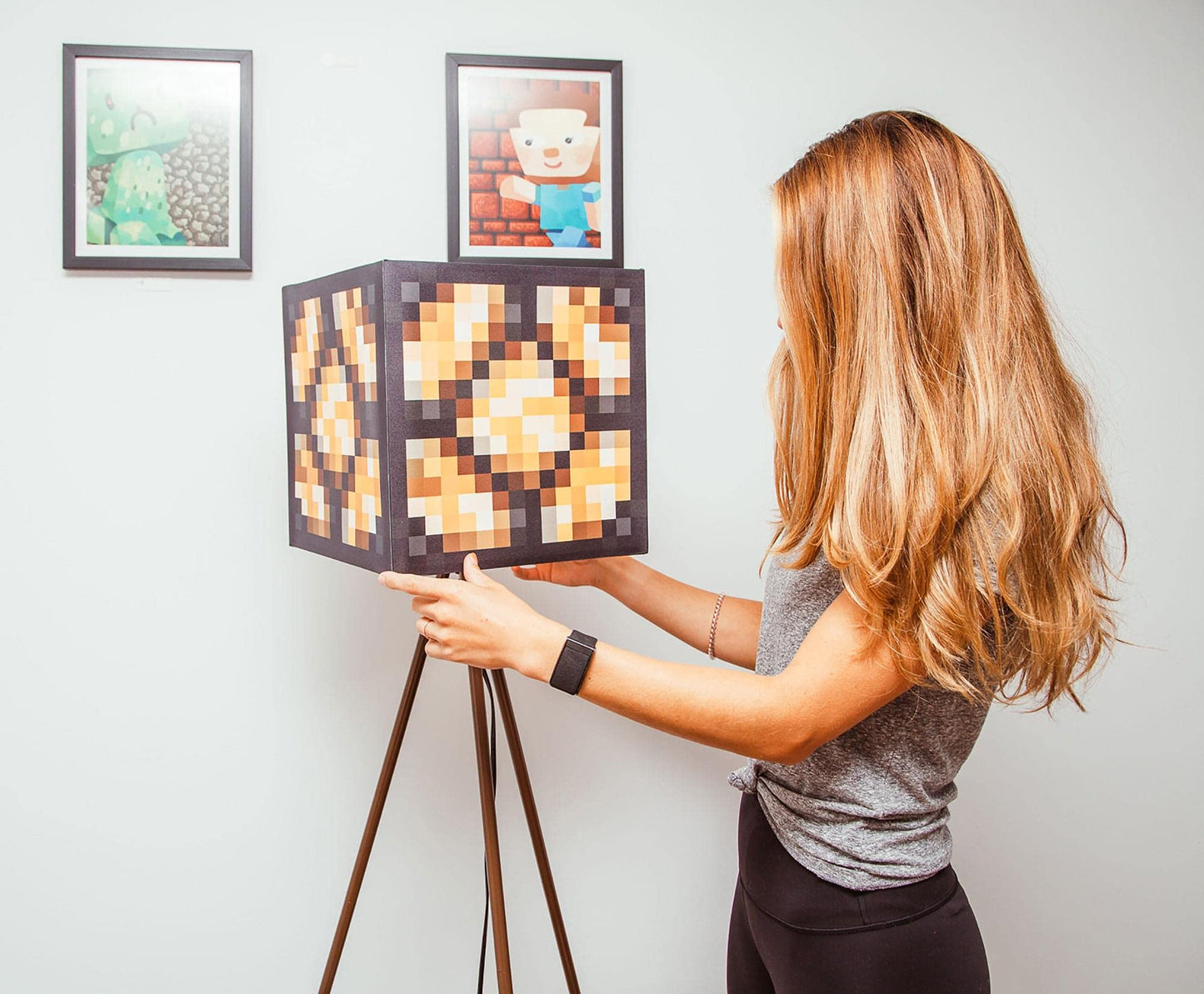 Minecraft Glowstone Tripod Floor Lamp - LED Light, 62 Inches Tall, Metal, Brown, Model 16229, Home Decor Essentials