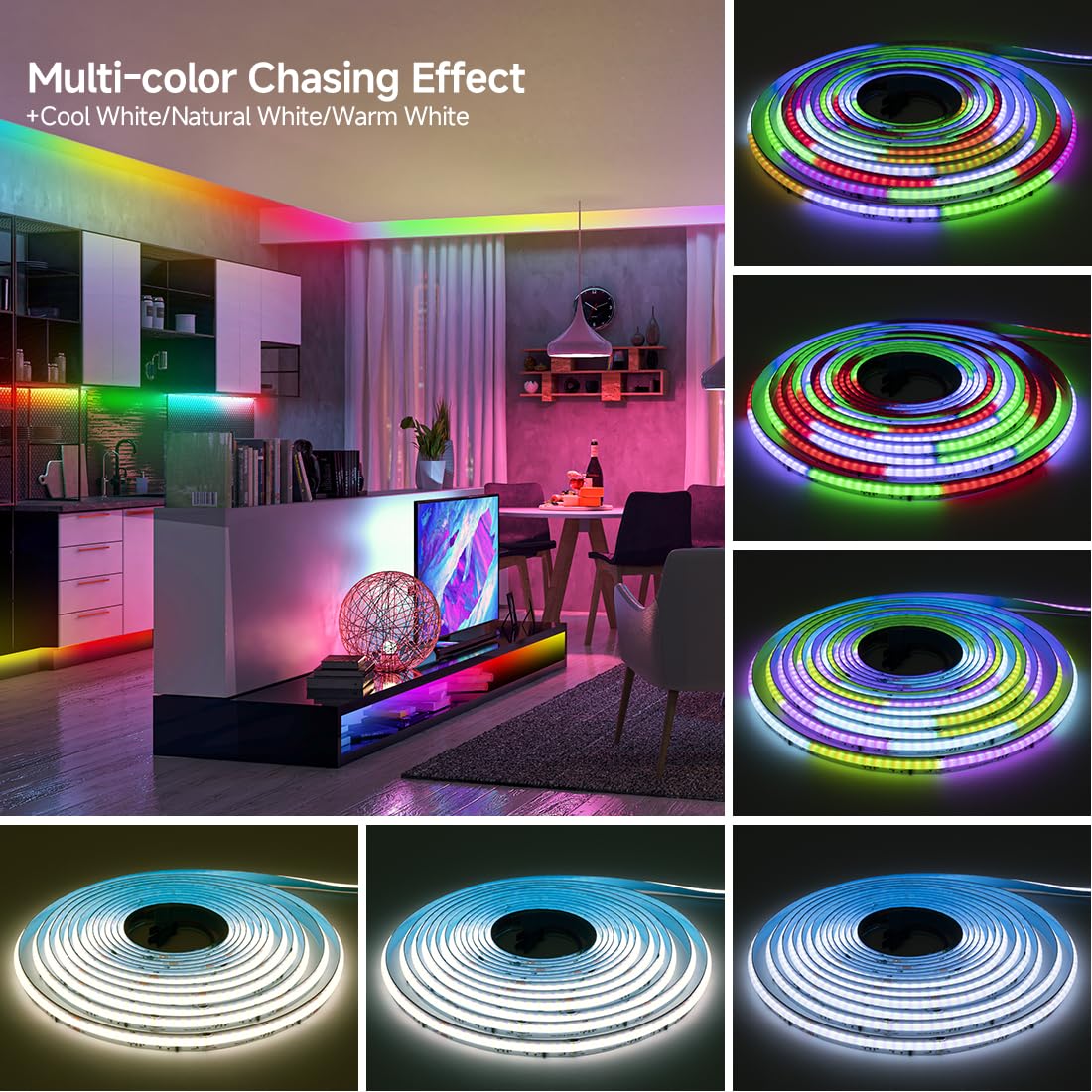 Btf-Lighting Fcob Cob Led Strip Ws2814 Ic Rgbw 6000K Flexible High Density Color Chasing Uniform Light 16.4Ft Dc24V 896Led/M 16Ic/M 12Mm Width For Home Diy Lighting Projects(No Adapter Or Controller)