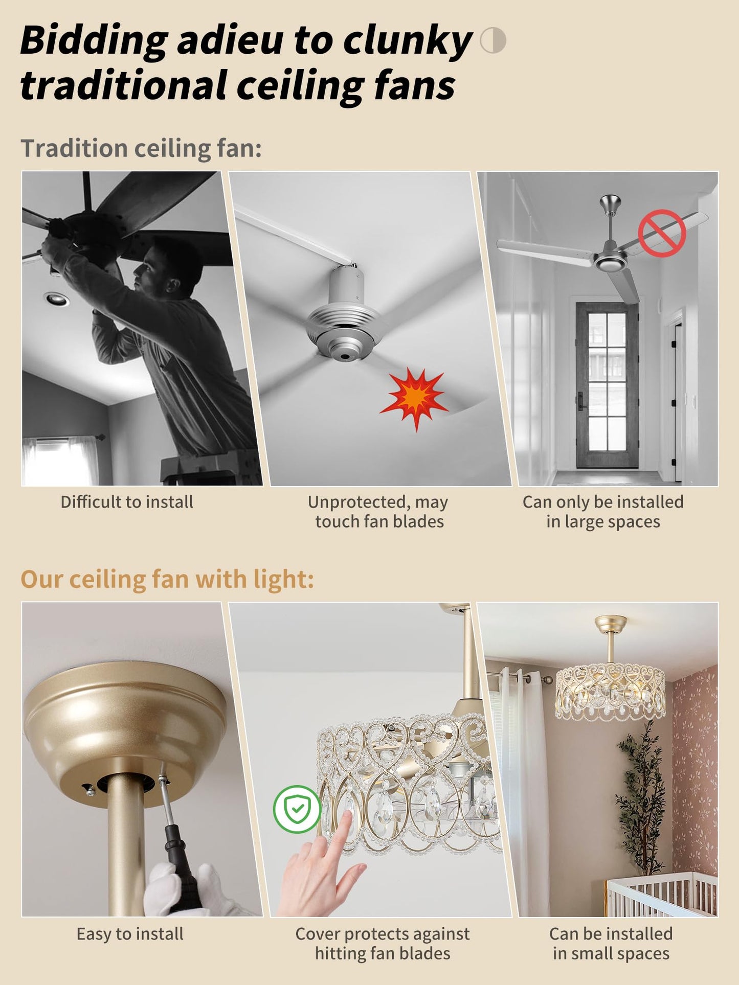 Sydacg 20 Gold Crystal Fandelier Ceiling Fans With Lights, Gold Chandelier Ceiling Fan With Light Remote Control, Mid-Century Mo
