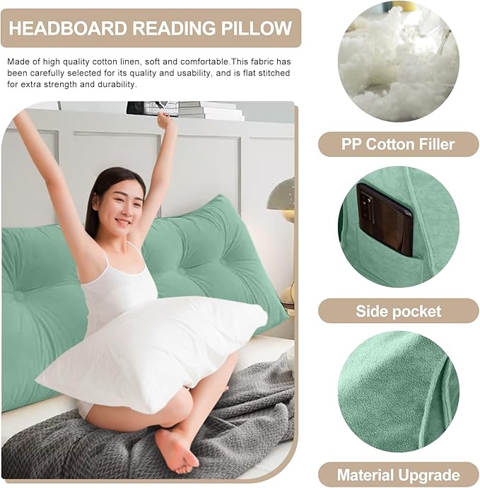 Large Triangular Headboard Pillows Long Backrest Positioning Support Bolster Cushion for Daybed Fluffy Quality Plush Body Wedge Pillow with Removable Cover(Light Green-Cal King-71x8x20 in)