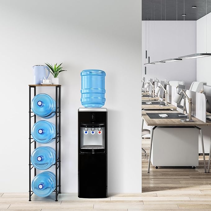 ETELI 5 Gallon Water Bottle Holder Organizer 4 Tier Water Cooler Jug Rack with Storage Shelves Water Bottle Dispenser Stand for Kitchen Living Room Office, Black and Brown