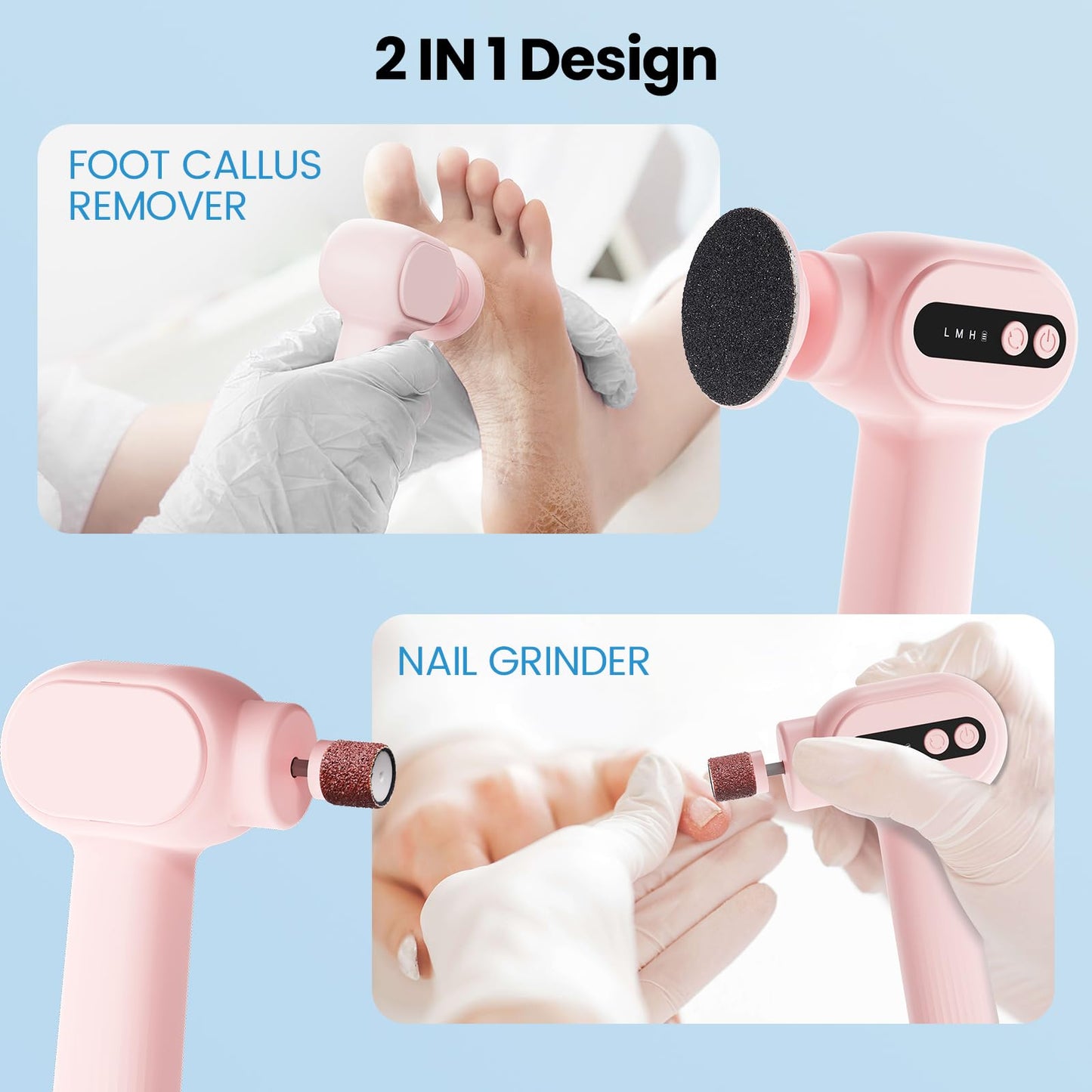 Electric Callus Remover for Feet, 2 in 1 Cordless Foot File Grinder Scrubber for Dead Skin, Adjustable Speed Rechargeable with S