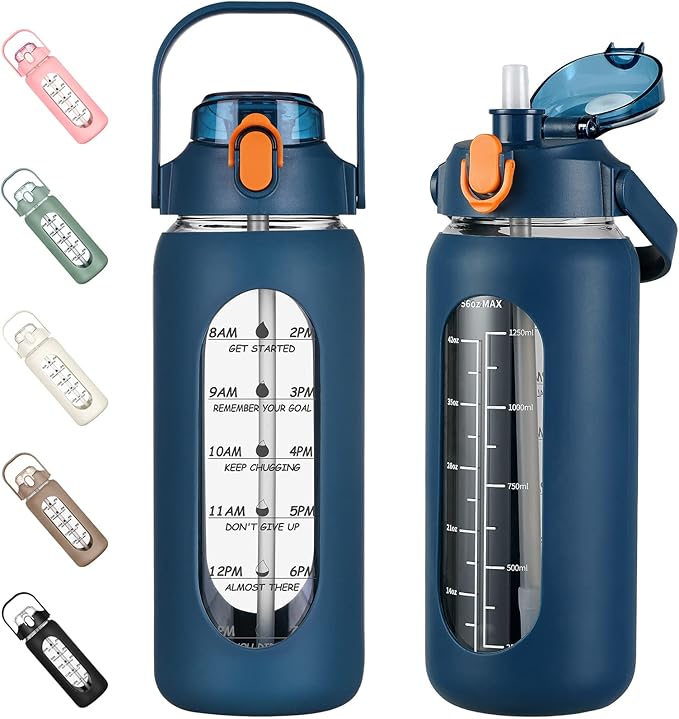 kytffu 56oz Glass Water Bottles with Straw, Motivational Glass Bottle with Silicone Sleeve and Time Marker, Leakproof Large Glass Water Jug for Gym Home Office,Blue