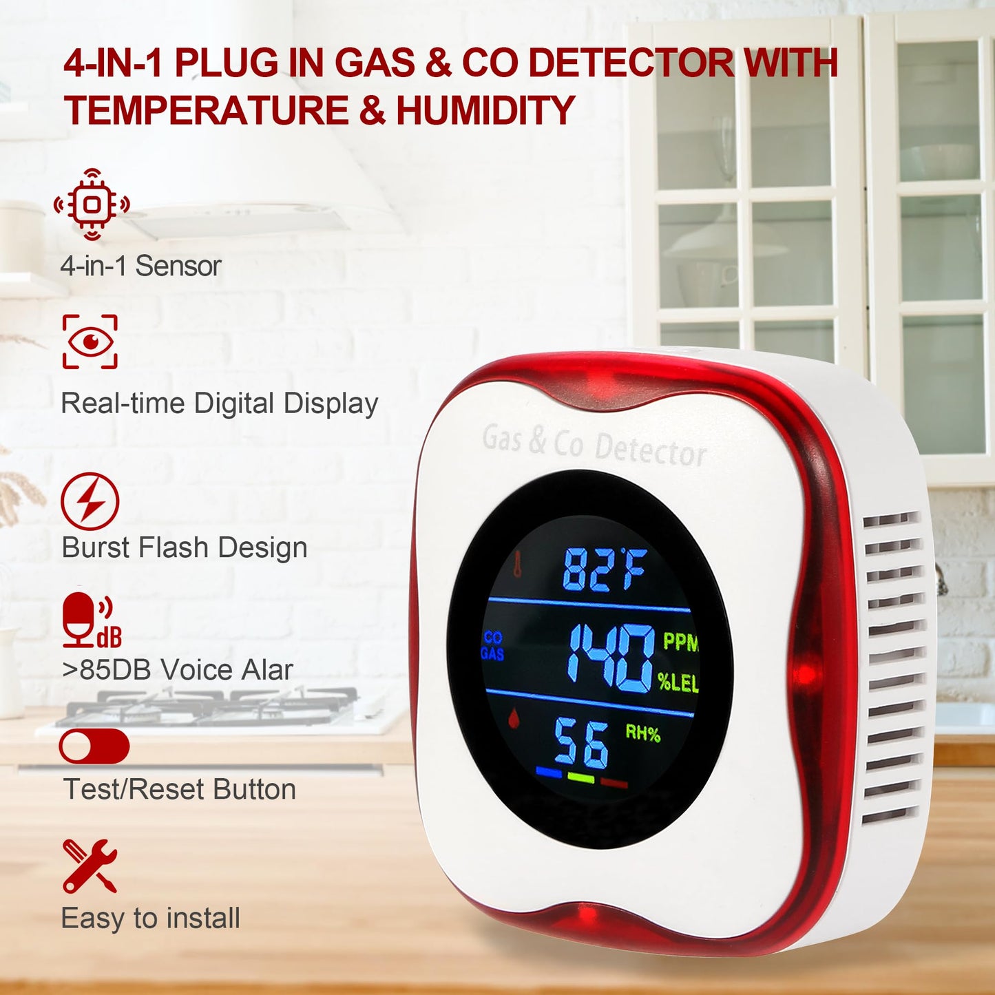 Plug in Gas & Carbon Monoxide Detector,4-in-1 Natural Gas Leak Detector,Carbon Monoxide Alarm,°F&Humidity,Combination CO & Propane Detector for Home,RV