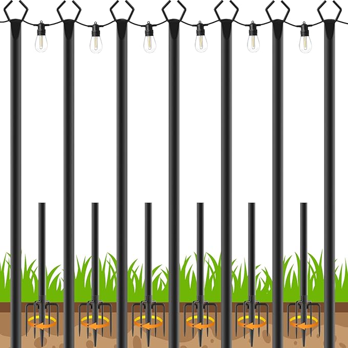 7 Pack 10 FT String Light Poles,Metal with Fork Lights Poles for Outdoor String Light, Rustproof Heavy Duty for Outside Ga...
