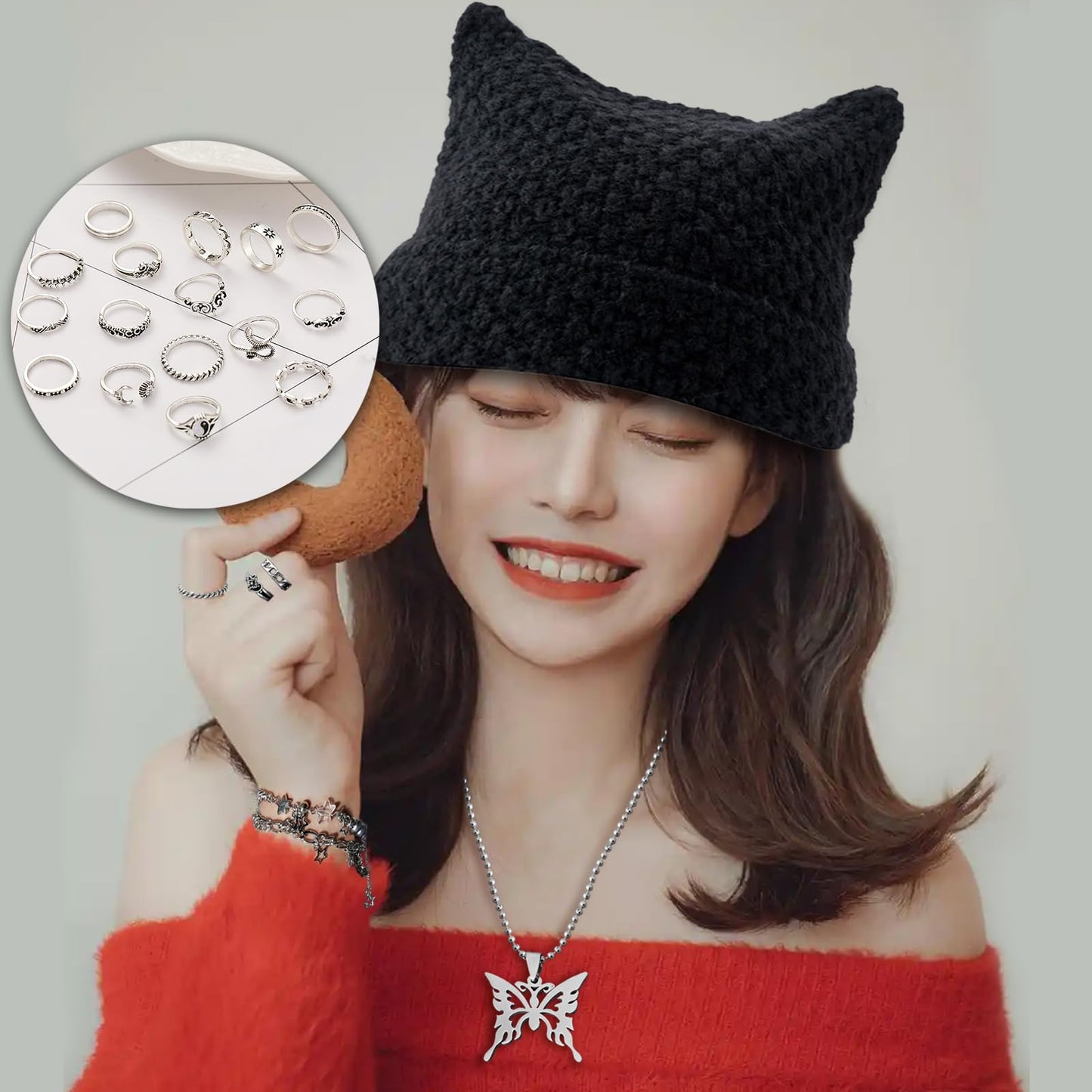 JDRGJTH 24PCS Y2k Jewelry Set,Y2k Accessories Grunge Knitted Cat Beanie,Fairy Grunge Gloves Necklace Rings Bracelet Therian Accessories Set Cosplay Party Jewelry Gift for Women