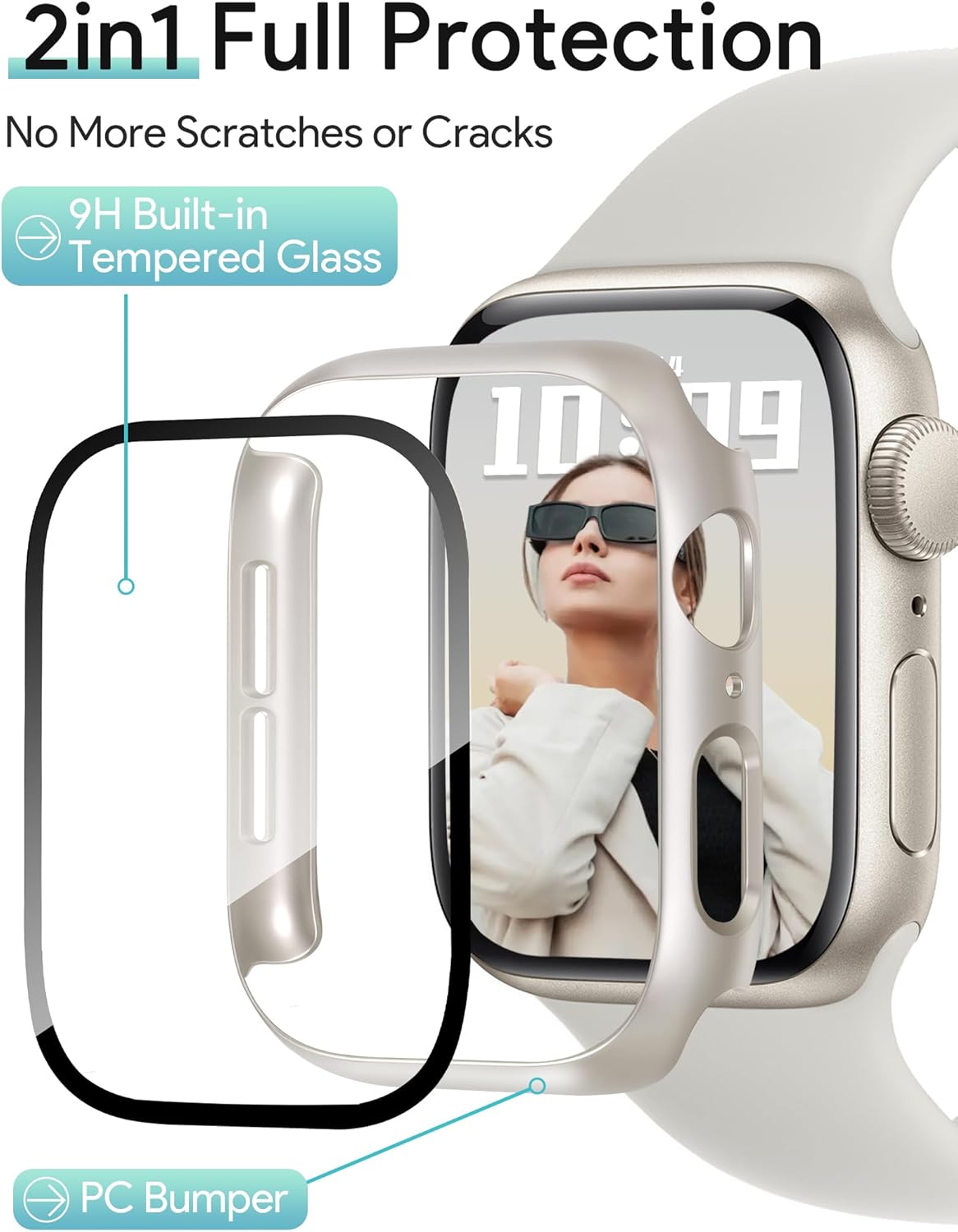 JR.DM 40mm 2 Pack Hard PC Case with HD Tempered Glass Screen Protector for Apple Watch Series 6/5/4/SE/SE2/SE3, Guard Bumper Full Protective Anti-Scratch Face Cover for iWatch, Starlight+ Clear