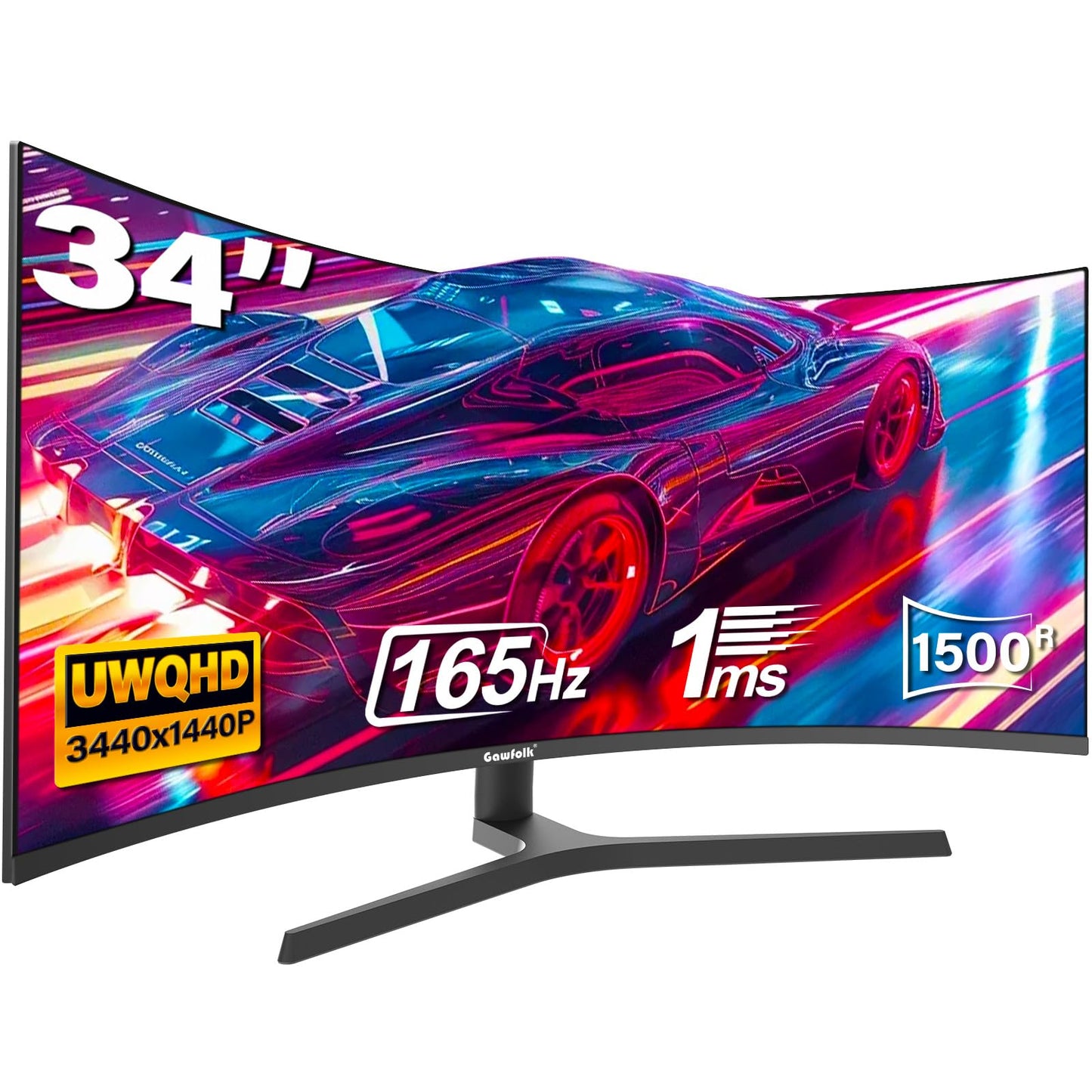 Gawfolk 34 Inch Ultrawide Curved Gaming Monitor, 1500R PC Screen UWQHD 3440x1440, 165hz Curved Computer Screen with FreeSync-Black
