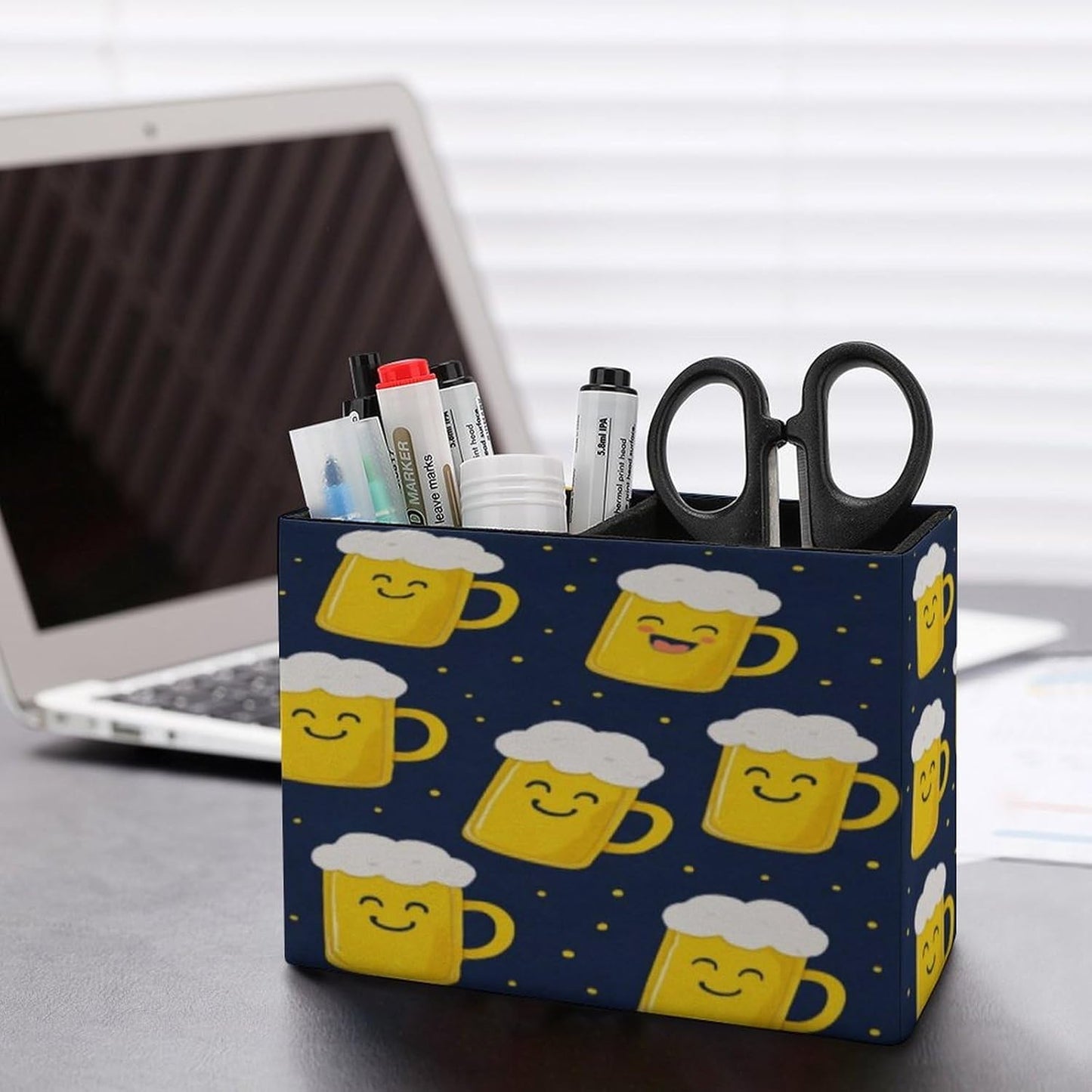 Beer Mugs Pattern Lether Pen Holder for Desk Makeup Brush Holder Office Organizer Desk Accessory for School Office