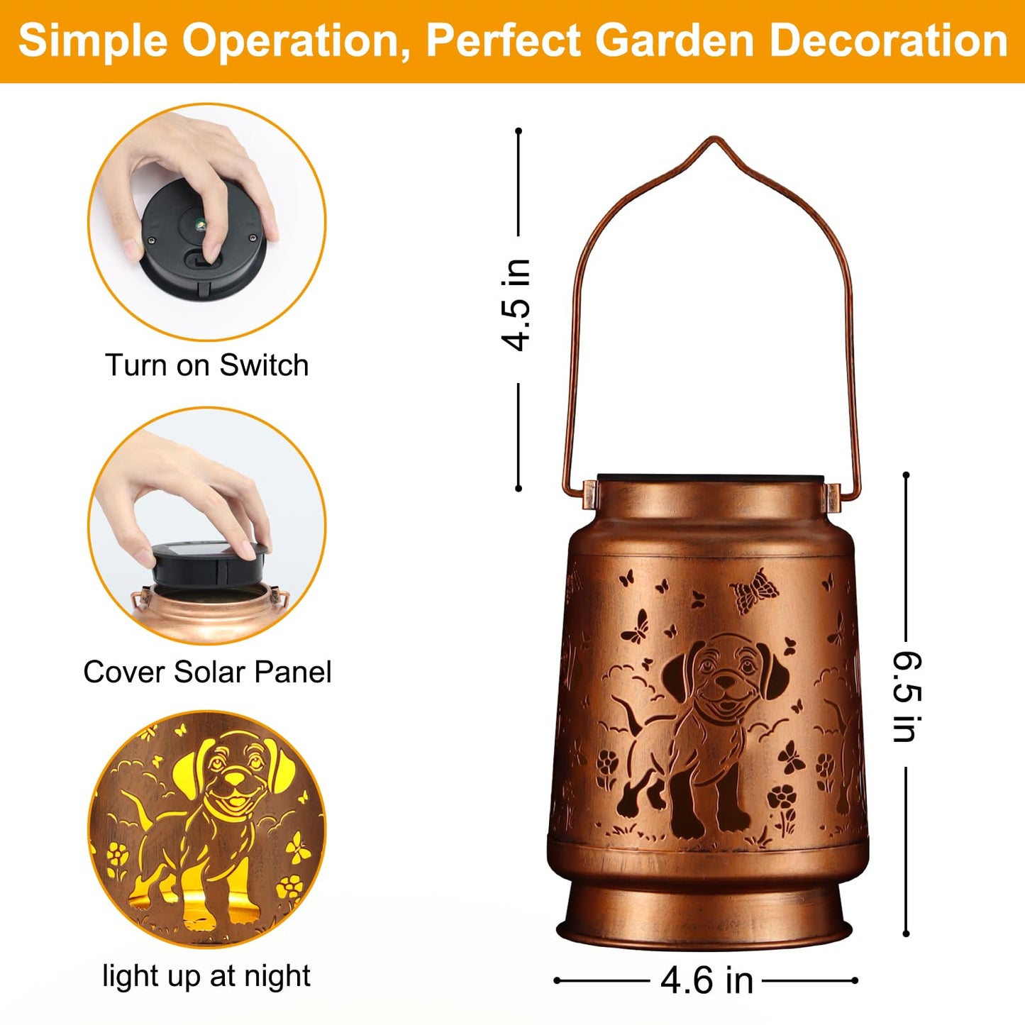 Solar Lantern Outdoor Hanging Waterproof Outside Metal Openwork Hummingbird Pattern Birthday Gifts For Women Mom Landscape Lights For Porch Garden Yard Patio Pathway Decor(Dogs And Butterflies)